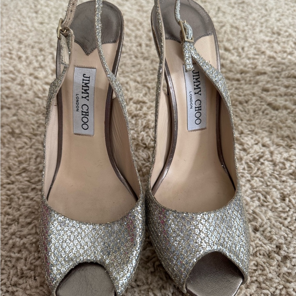 Jimmy Choo Silver & Gold Peep Toe Slingback Heels